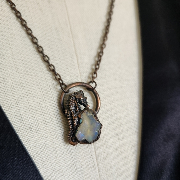 OOAK Copper and Opal Seahorse Necklace - Picture 4 of 9